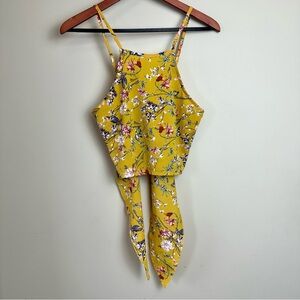 Zaful Yellow Floral Adjustable Straps Tie Up Crop Top